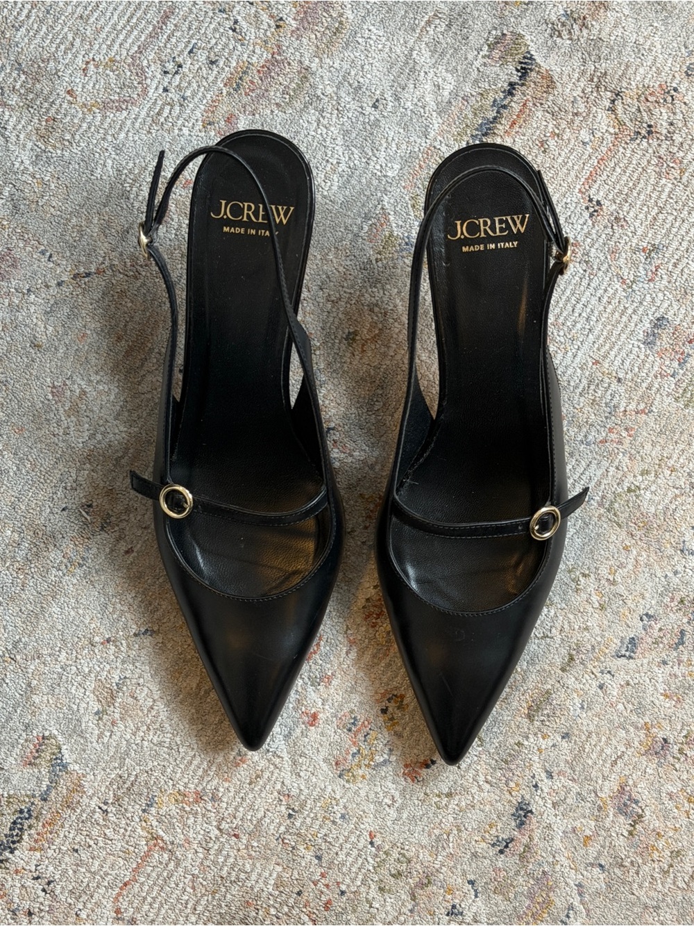 J. Crew Black Leather Pointed Slingback Heels with Gold Buckles